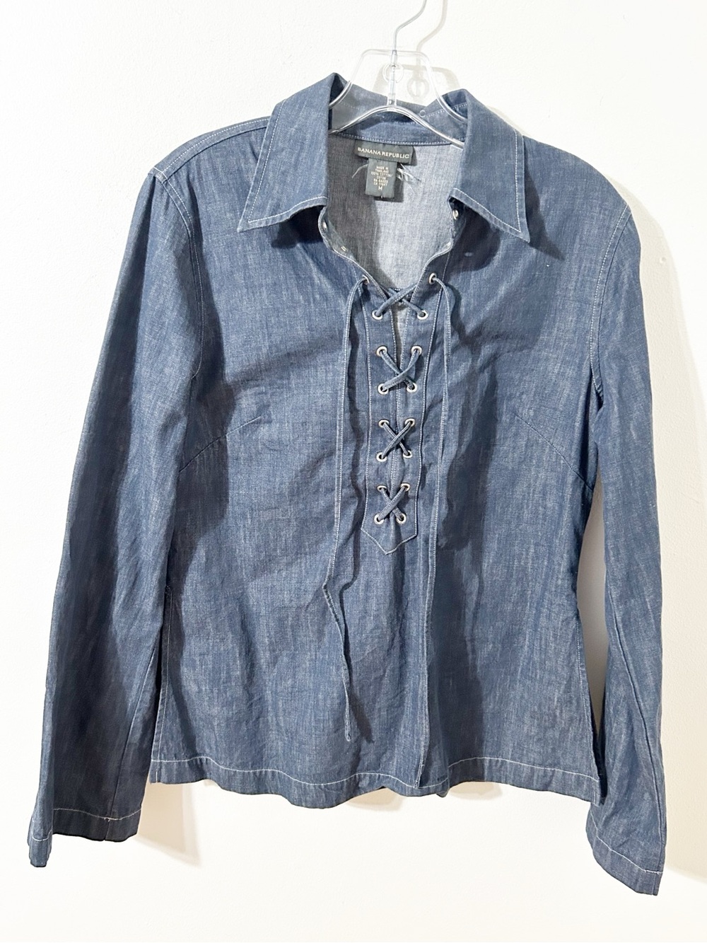 Banana Republic 100% Cotton Blue Denim Lace-Up Front Blouse Shirt Size M